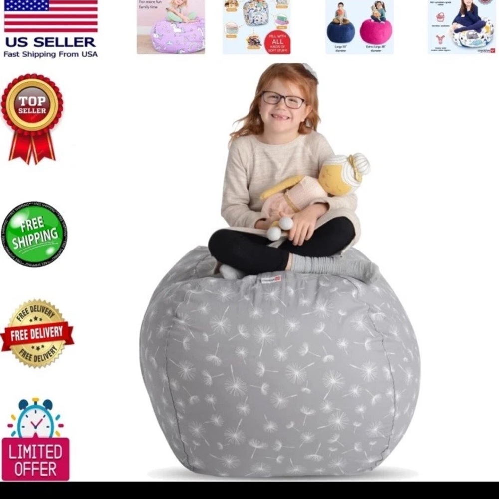 Machine Washable 38" Gray Dandelion Bean Bag Chair for Toys & Stuffed Animals